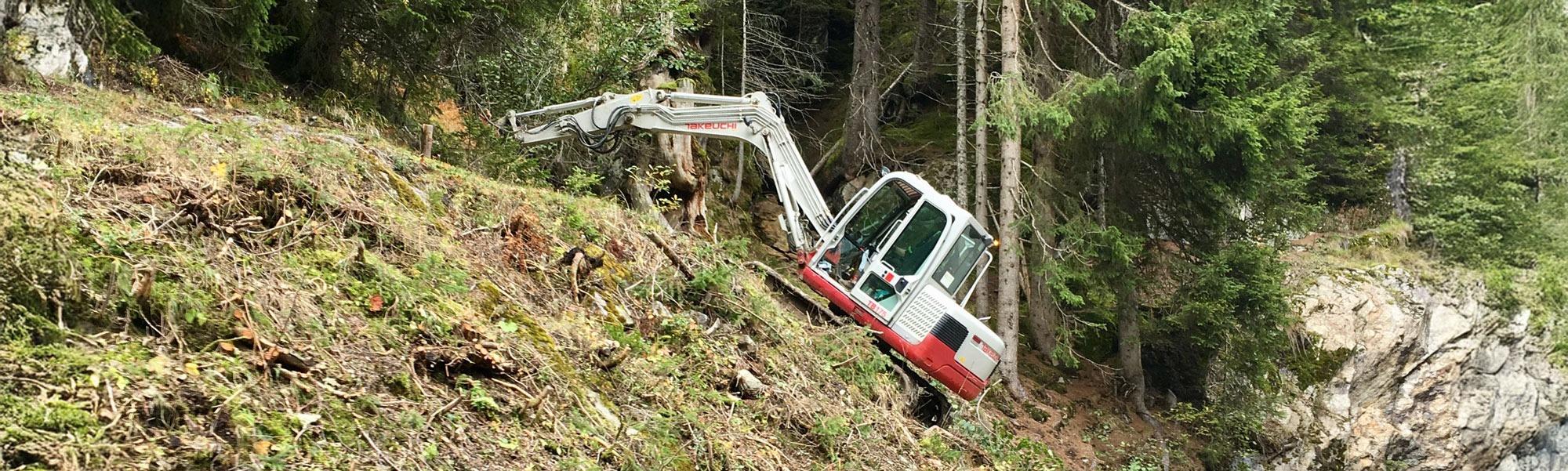 Bagger arbeitet auf einem steilen, bewaldeten Hang mit losem Erdreich und Laub, umgeben von Bäumen.